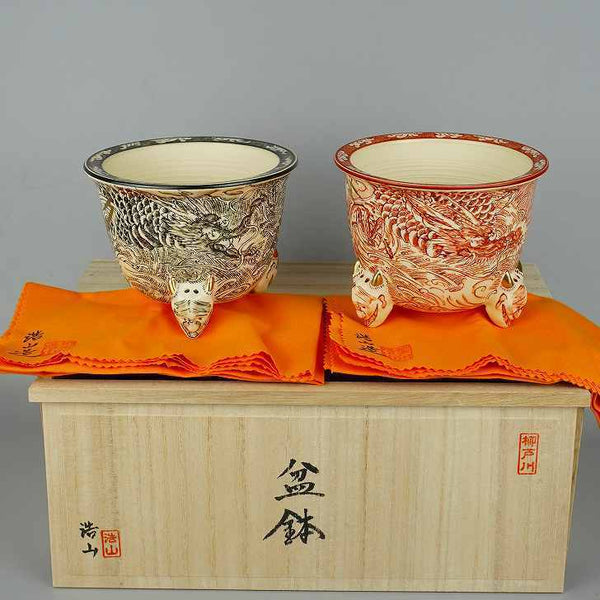 柳戸川 浩山 共布 共箱 外縁 丸鉢 黒絵 赤絵 龍画 観賞用 盆栽鉢  新品 g1198418132