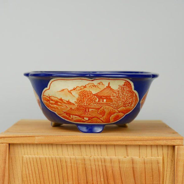 盆栽鉢 月香 赤絵 山水 楼閣図 輪花鉢 瑠璃 観賞用  中古鉢 h1198427768