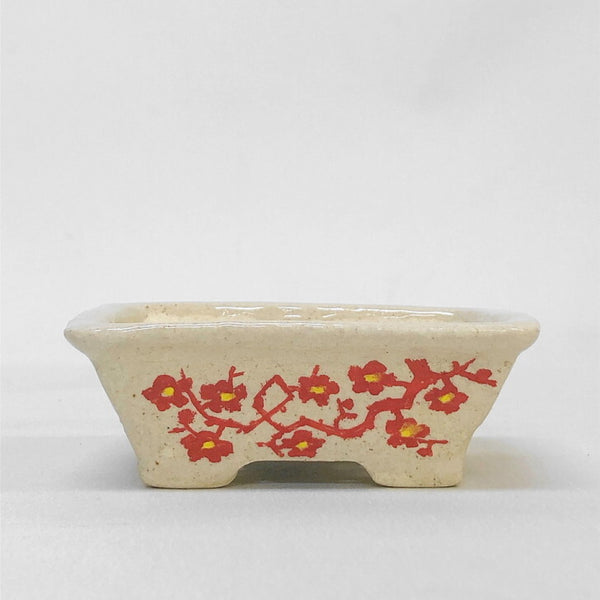 盆栽鉢 文山 越前文山 小鉢 長辺 約 9.8cm 長方鉢 赤絵 竹 花 観賞用  新品 q1198418105