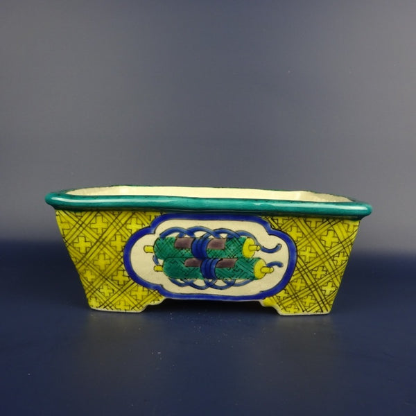 盆栽鉢 文山 越前文山 ボデー 九谷画 九谷 秀幸 小型 長辺 約17.5cm 長方鉢 色絵 観賞用  新品 c1198405039