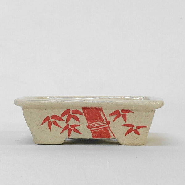 盆栽鉢 文山 越前文山 小型 長辺 約 12.5cm 長方鉢 赤絵 竹 花 観賞用  新品 q1198418755