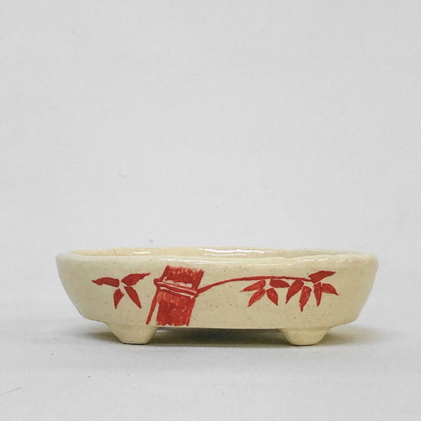 盆栽鉢 文山 越前文山 小型 長辺 約 13cm 楕円鉢 赤絵 竹 花 観賞用  新品 m1198412258