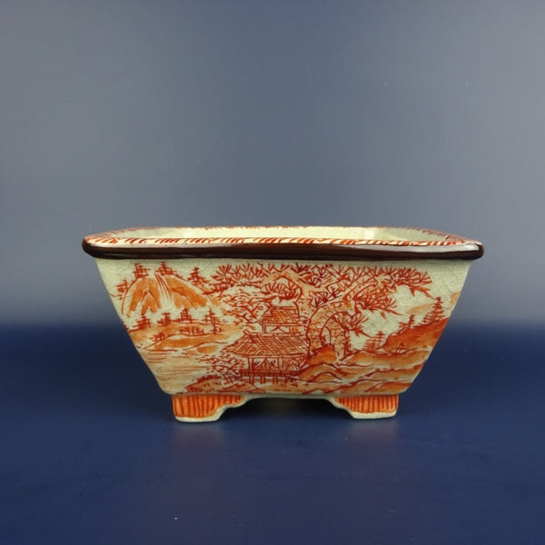 盆栽鉢 文山 越前文山 ボデー 九谷画 九谷 秀幸 小型 長辺 約15cm 正方鉢 赤絵 山水図 観賞用  新品 f1198414611