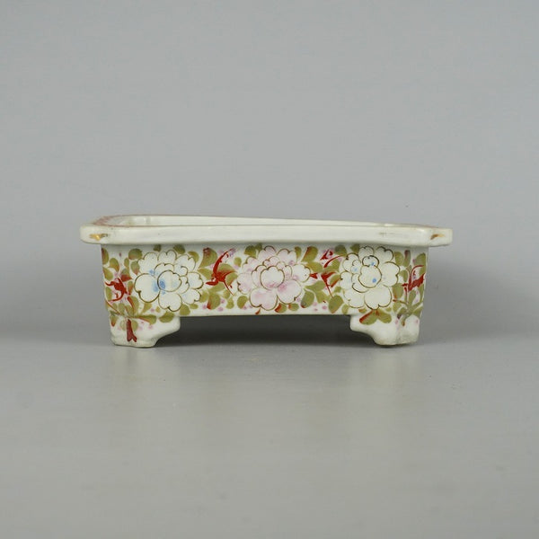 中古 水盤 落款なし 中型 長辺 約 20.8cm 長方 鉢 水石 盆栽 花器 瀬戸 色絵 花 鳥 植物 模様 観賞用  中古 g1198420961