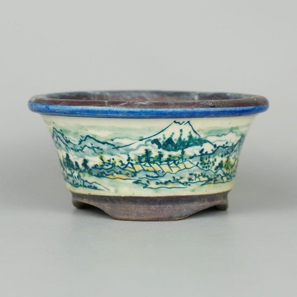 盆栽鉢 陶翠 陶翠筆 色絵 山水図 外縁 丸鉢  中古鉢 v1198438378