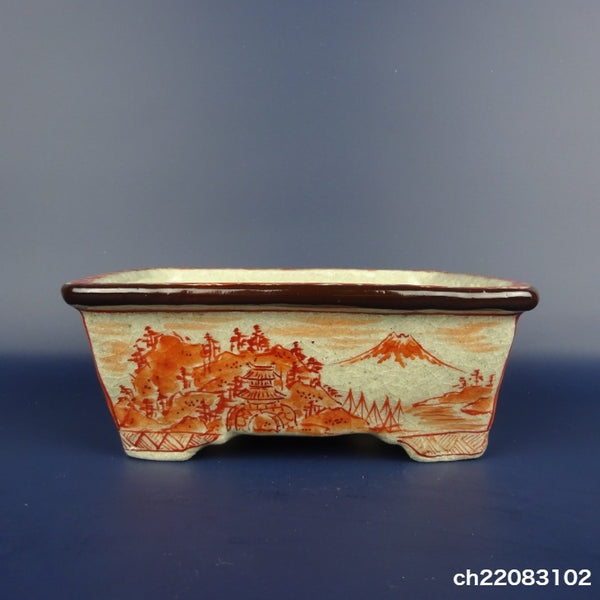 盆栽鉢 文山 越前文山 ボデー 九谷画 九谷 秀幸 小型 長辺 約15cm 長方鉢 外縁 赤絵 山水図 観賞用  新品 t1198405998