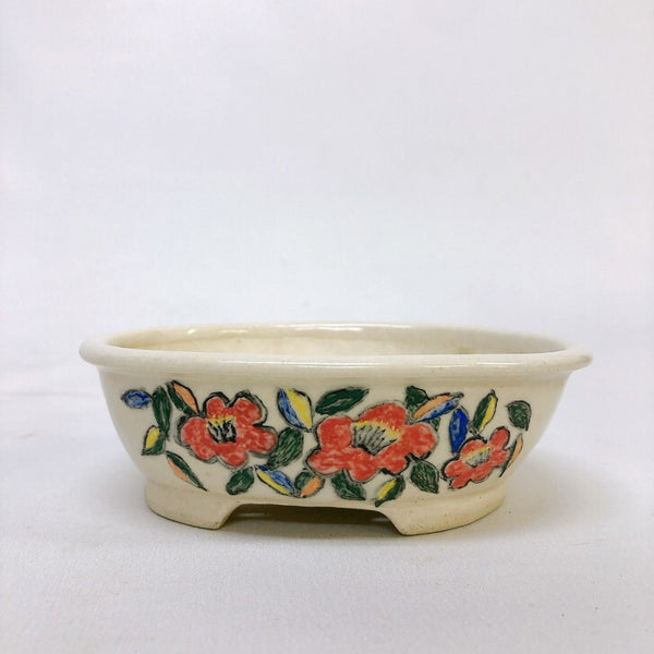 盆栽鉢 文山 越前文山 小型 長辺 約 16cm 楕円鉢 色絵 花 観賞用  新品 p1198417039