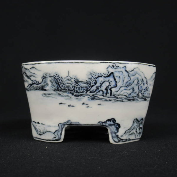 梢風 染付 山水画 隅切 長方鉢 盆栽鉢  新品 c1198404398