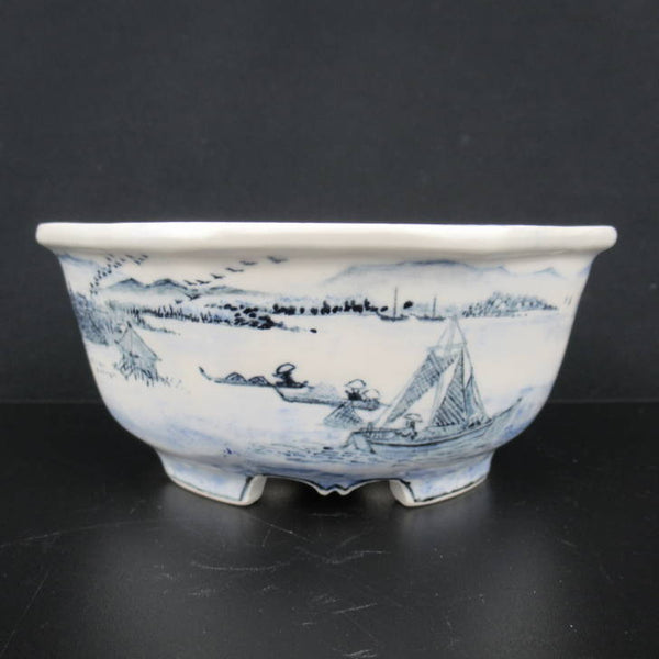 梢風 盆栽鉢 八角 染付 山水人物図 新品 c1198408575