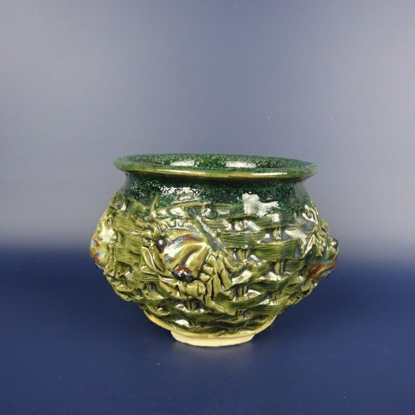 盆栽鉢 正志 古本正志 切足 外縁 丸鉢 籠彫 蟹 釉薬 観賞用  新品 e1198407996