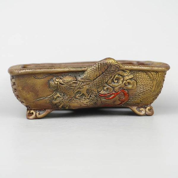 嵐山 谷嵐山 浮彫 龍図 釘彫 ウサギ図 長方鉢 籠目 観賞用 盆栽鉢  新品 u1198422242