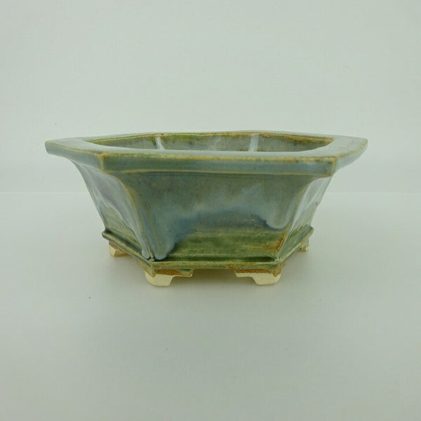 中古盆栽鉢 桂雲 福田桂雲 小型 長辺 約15cm 六角鉢 外縁 下帯 釉薬 観賞用  中古鉢 u1198426223