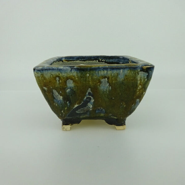 中古盆栽鉢 桂雲 福田桂雲 小型 長辺 約12.3cm 正方鉢 釉薬 観賞用  中古鉢 e1198411128