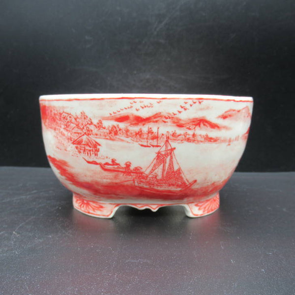 梢風 盆栽鉢 正方 赤絵 山水図 新品 r1198406820