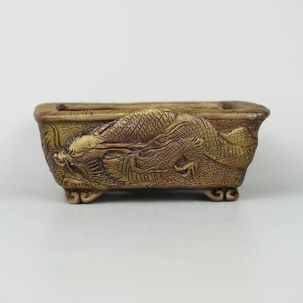 嵐山 谷嵐山 浮彫 龍図 長方鉢 籠目 観賞用 盆栽鉢  新品 p1198414187