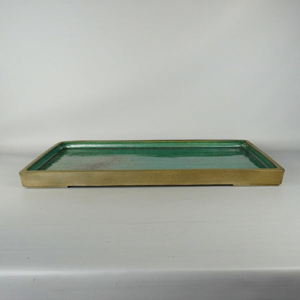 中古水盤 鴻陽造 長辺 約61.5cm 長方 鉢 水石 盆栽 花器 釉薬  中古 e1198407193