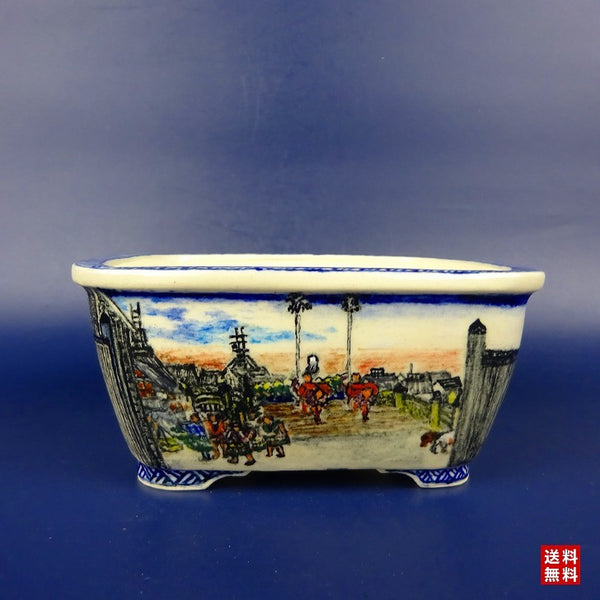 盆栽鉢 紀伊 小型 長辺 約12.5cm 長方鉢 外縁 色絵 東海道五十三次 人物  新品 c1198403198