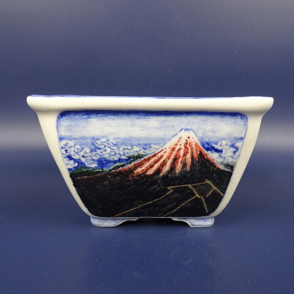 盆栽鉢 紀伊 小型 長辺 約11cm 正方鉢 外縁 色絵 風景 人物画 富士山 染付 山水図 絵鉢 観賞用  新品 c1198405749