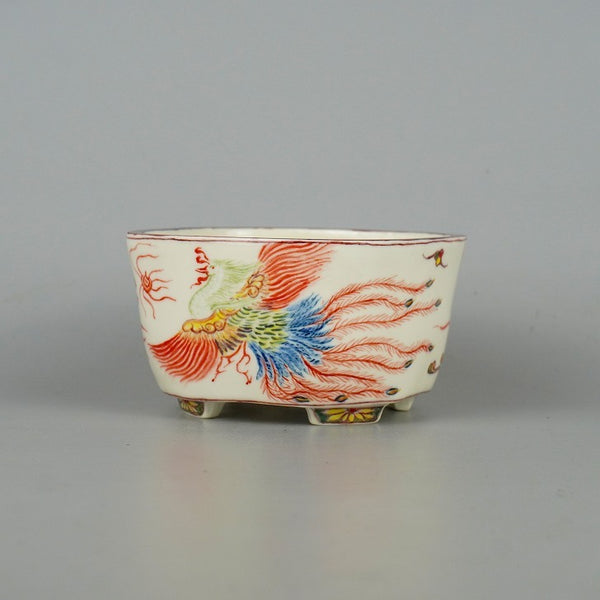 盆栽鉢 梢風 小型 長辺 約10.8cm 正方鉢 色絵 鳳凰 鳥 観賞用  新品 q1198419152