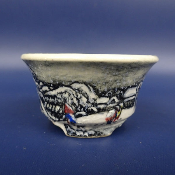 盆栽鉢 紀伊 小鉢 長辺 約5.7cm 丸鉢 東海道 五十三次之内 蒲原 夜之雪 染付 人物 風景画 観賞用  新品 t1198409089