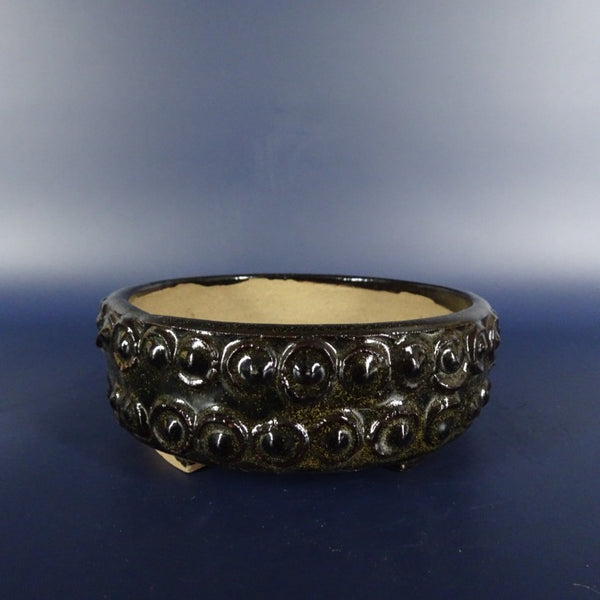 盆栽鉢 夢寿蔵 小型 長辺 約10cm 丸鉢 鋲打 切足  新品 m1198411809