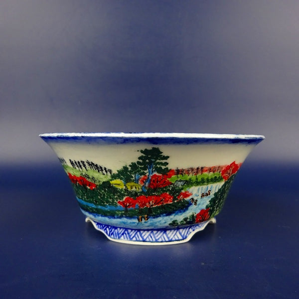 盆栽鉢 紀伊 小型 長辺 約10.5cm 丸鉢 外縁 色絵 江戸百景  新品 n1198412462