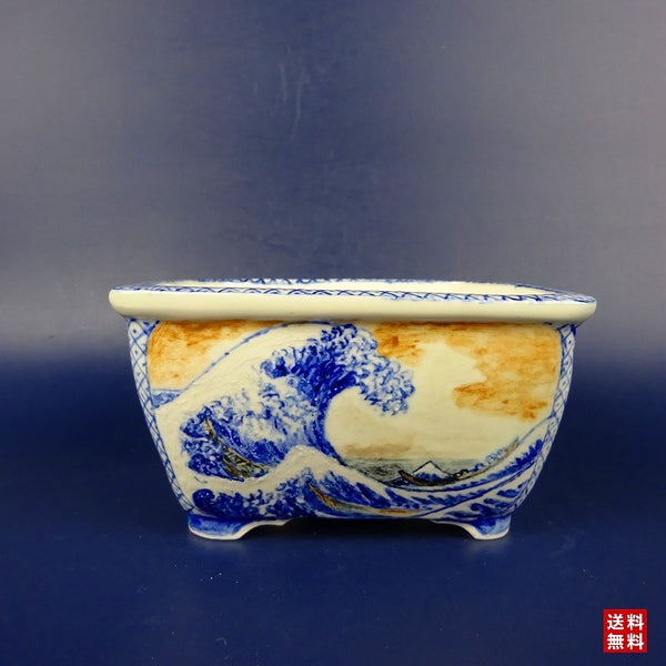 盆栽鉢 紀伊 小型 長辺 約11cm 長方鉢 外縁 色絵 富嶽三十六景四景  新品 f1198413709