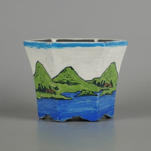 盆栽鉢 森三 小鉢 長辺 約 8cm 六角鉢 色絵 山水図 観賞用  新品 x1198408398