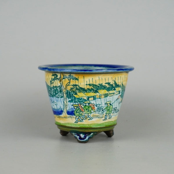 盆栽鉢 陶翠 陶翠筆 小型 長辺 約10.8cm 丸鉢 外縁 雲足 色絵 中仙道 中津川 人物 風景 観賞用  新品 u1198424174