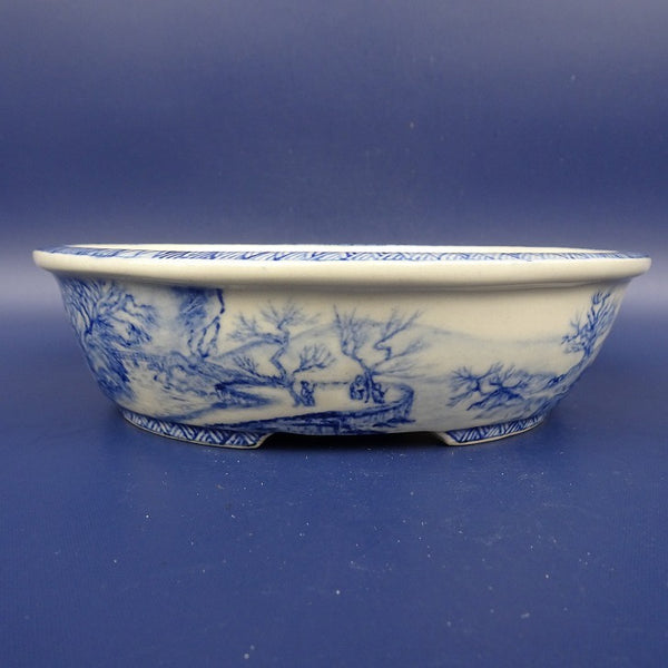 盆栽鉢 紀伊 小型 長辺 約15.4cm 楕円鉢 外縁 染付 風景 人物画 観賞用  新品 v1198435687