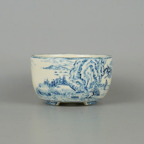 盆栽鉢 梢風 小鉢 長辺 約8.5cm 丸鉢 染付 山水図 観賞用  新品 t1198414102