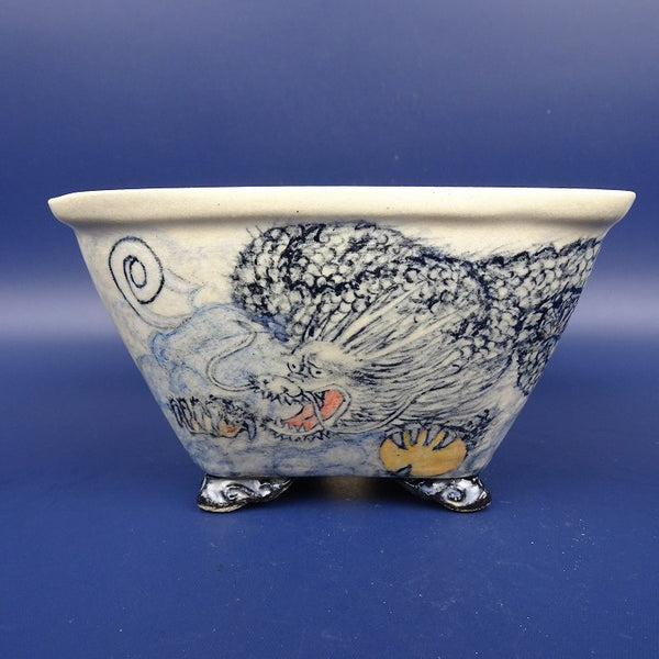 盆栽鉢 紀伊 小型 長辺 約11.5cm 正方鉢 外縁 雲足 色絵 龍 ドラゴン 絵鉢 観賞用  新品 d1198426762