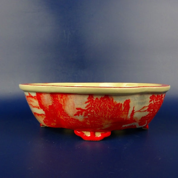 盆栽鉢 紀伊 小型 長辺 約16.7cm 木瓜鉢 外縁 赤絵 風景画 山水図  新品 v1198437277