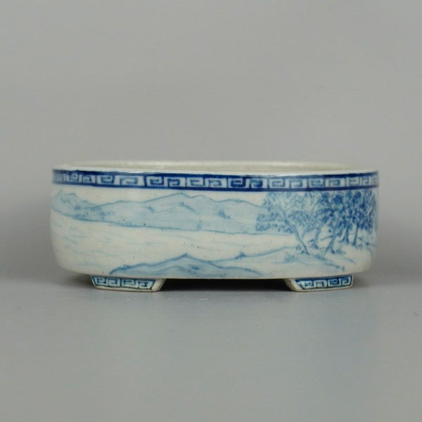 盆栽鉢 渡邊 雄峯 小型 長辺 約10cm 楕円鉢 染付 山水図 観賞用  新品 h1198424288