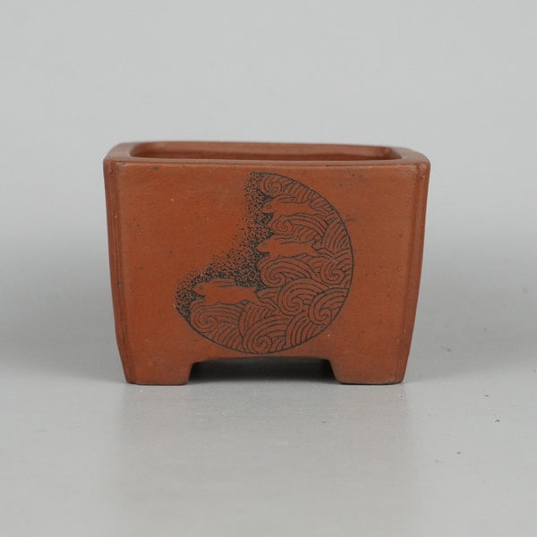 盆栽鉢 常滑 柴勝 小鉢 長辺 約 9.5cm 正方鉢 隅入 兎 波 お多福 ウサギ 泥物 観賞用  新品 h1198421247