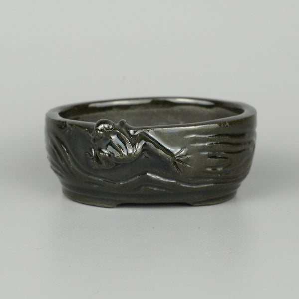 盆栽鉢 卓道 小鉢 長辺 約8.5cm 丸鉢 浮彫 蛙 カエル 観賞用  新品 v1198439125