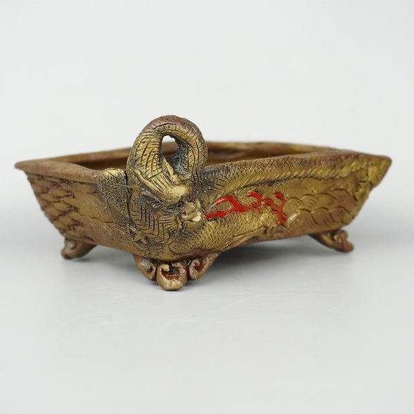 盆栽鉢 嵐山 谷嵐山 小型 長辺 約12.5cm 長方鉢 雲足 浮彫 龍図 籠目 リュウ 観賞用  新品 b1198416791