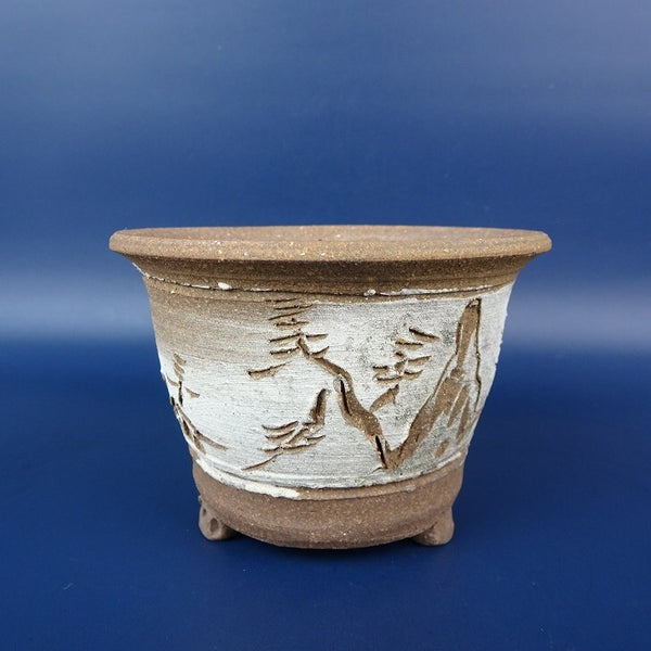 盆栽鉢 庄山 小型 長辺 約10.2cm 丸鉢 外縁 釘彫 風景 泥鉢 観賞用  新品 p1198413946