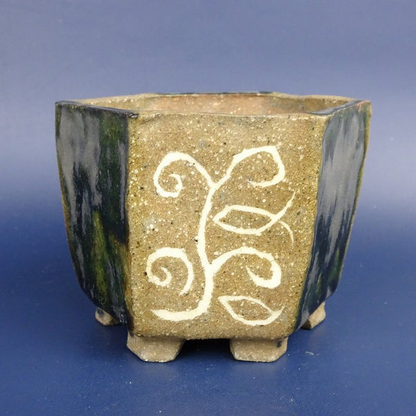 盆栽鉢 てるお 小鉢 長辺 約8cm 六角鉢 釉薬 絵鉢  新品鉢 g1198422907