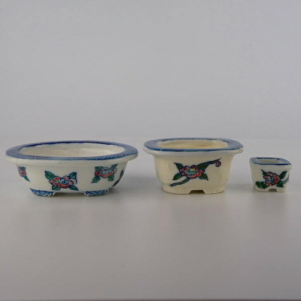 盆栽鉢 ゆうき祥石 3点セット 豆鉢 長辺 約6.5cm 楕円鉢 長方鉢 正方鉢 色絵 椿  新品 s1198412132