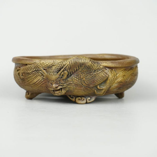 盆栽鉢 嵐山 谷嵐山 小型 長辺 約13cm 楕円鉢 雲足 浮彫 龍図 籠目 竜 リュウ 観賞用  新品 s1198412983