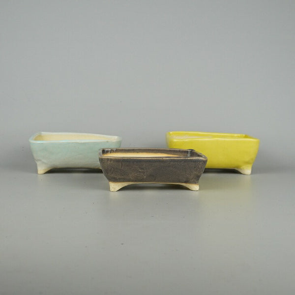 盆栽鉢 ゆうき祥石 3点セット 小型 長辺 約11.5cm 長方鉢 黄 茶 水色 釉薬  新品 p1198421409