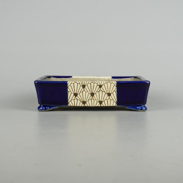 盆栽鉢 里美 寺畑陶園 小型 長辺 約15.7cm 長方鉢 雲足 色絵 水玉 扇 瑠璃 釉薬  新品 o1198427708