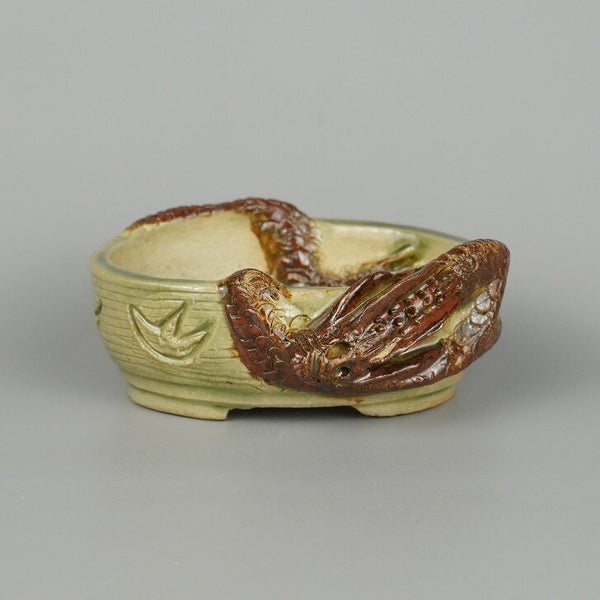 盆栽鉢 卓道 小鉢 長辺 約8.8cm 楕円鉢 浮彫 龍 観賞用  新品 d1198421043