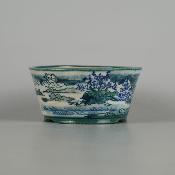 盆栽鉢 陶翠 陶翠筆 小鉢 長辺 約 9.2cm 丸鉢 染付 相川 七里浜 山水図 観賞用  新品 q1198413227