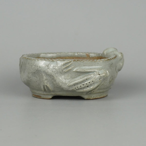 盆栽鉢 卓道 小鉢 長辺 約9cm 楕円鉢 浮彫 龍 竜 リュウ 蛙 カエル 付き 観賞用  新品 l1198413365