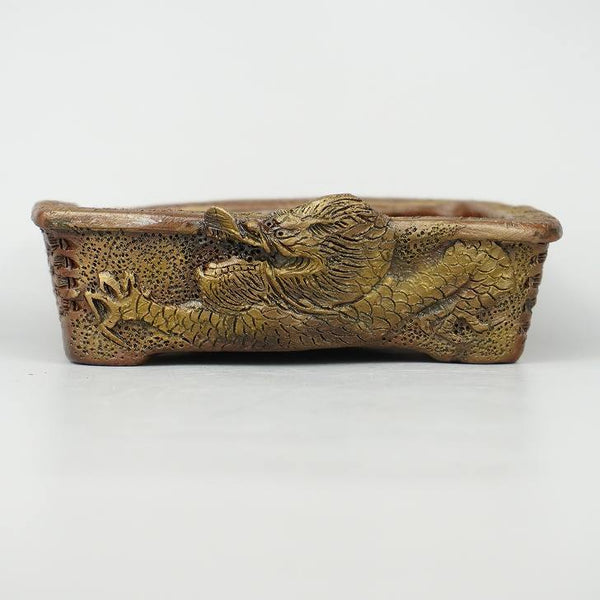 盆栽鉢 嵐山 谷嵐山 六楽窯 小型 長辺 約 14cm 長方鉢 浮彫 龍 蜻蛉図 籠目 リュウ トンボ 観賞用  新品 c1198406435