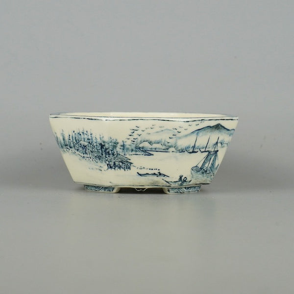 盆栽鉢 梢風 小型 長辺 約11cm 八角鉢 染付 山水図 舟 観賞用  新品 c1198412562