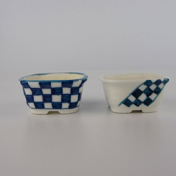 盆栽鉢 ゆうき祥石 2点セット 豆鉢 長辺 約4.3cm 長方鉢 染付 格子 豆盆栽鉢 観賞用  新品 1198404274