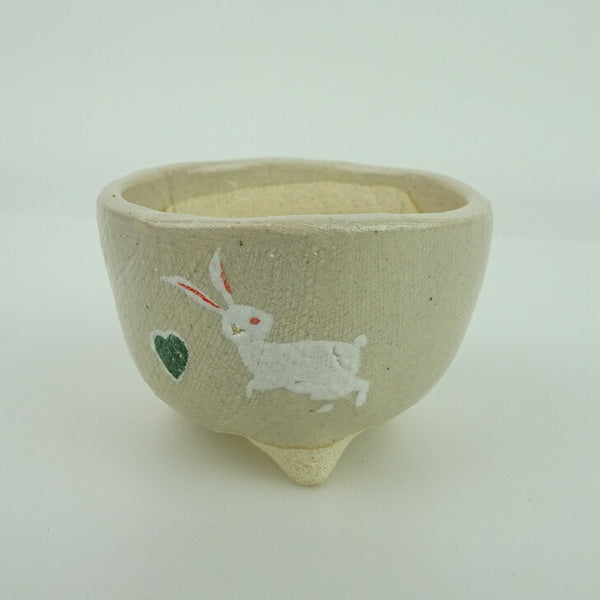盆栽鉢 ゆうき祥石 小鉢 長辺 約7cm 丸鉢 プリント 絵鉢 兎 ウサギ うさぎ 葉 ハート 釉薬 観賞用  新品 r1198405976
